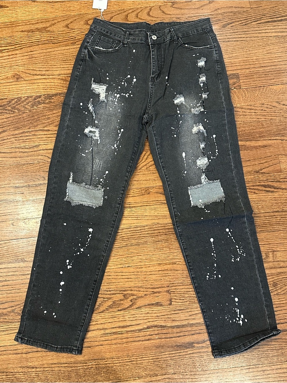 Women's Black Distressed Straight-Leg Jeans